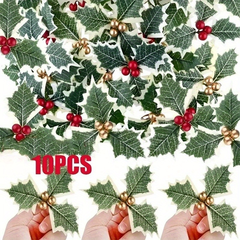 Christmas Wreath Fake - 10 Stück künstliche Stechpalmenbeeren, grüne Blätter