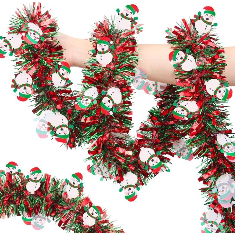 Tinsel Garland Decoration - 2M Rot-Grüne Weihnachts-Lametta-Girlande mit Schneemann-Ornamenten, Metallische